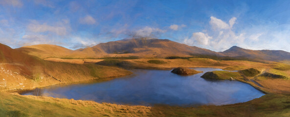 Digital painting of Llyn y Dywarchen, and Snowdon in the Snowdonia National Park, Wales.