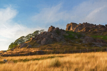 Digital painting of a panoramic view of The Roaches at sunset in the Peak District National Park.