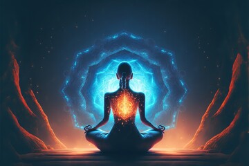 Woman sitting in yoga lotus pose and her connection to meditative space. Generative Ai.