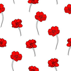 Red Flowers on white background, seamless pattern