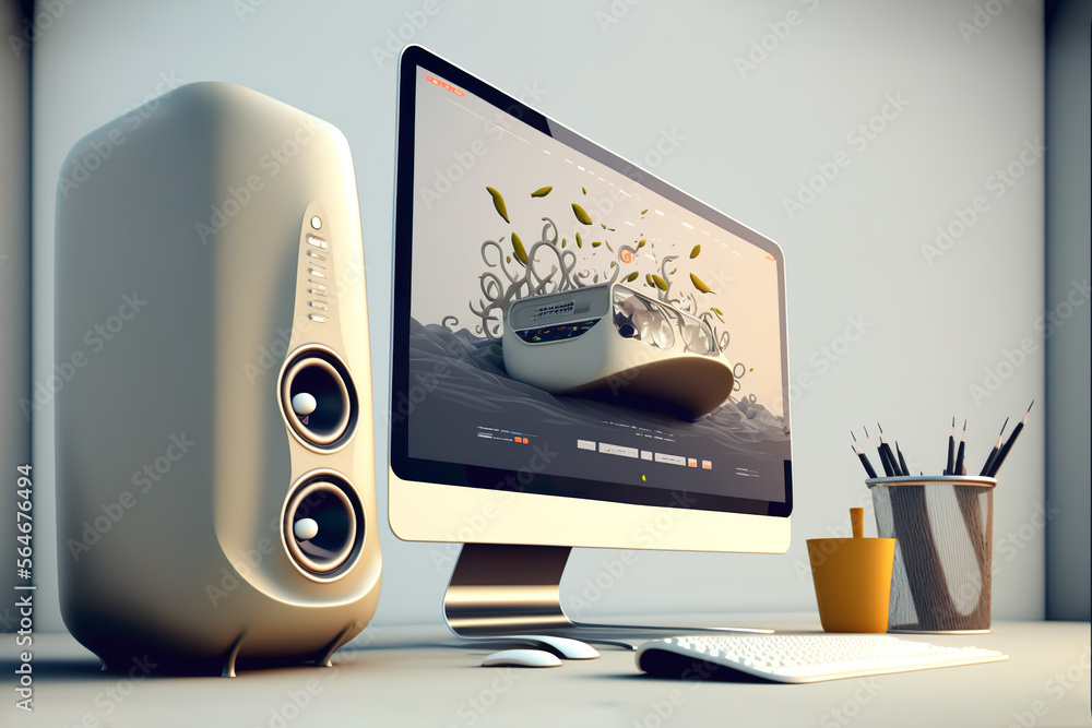 Poster shot of a desktop computer and keyboard and mouse in the creative modern office , generative ai