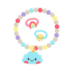 Kids jewelry. Cartoon drawing of bracelet and rings from colorful beads for children isolated on white.