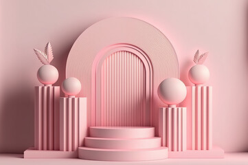 3d rendering of abstract minimal geometric forms. Pink podium for product presentation. Generative AI