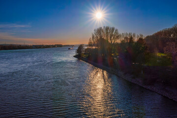 View of the Rhine near Wiesbaden-Schierstein/Germany in the late afternoon on a spring day