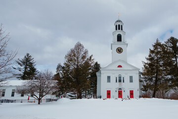 Fototapeta na wymiar Winter scenery of First Parish Northboro Unitarian Universlist MA USA