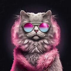 Fototapeta Fashion cat with pink sunglasses and a pink fur coat on a black background., cat in pink glasses obraz