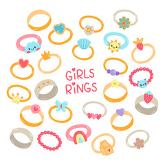 Kids jewelry set, different cute rings. Cartoon drawing rings for children isolated on white. Fashion, jewelry concept