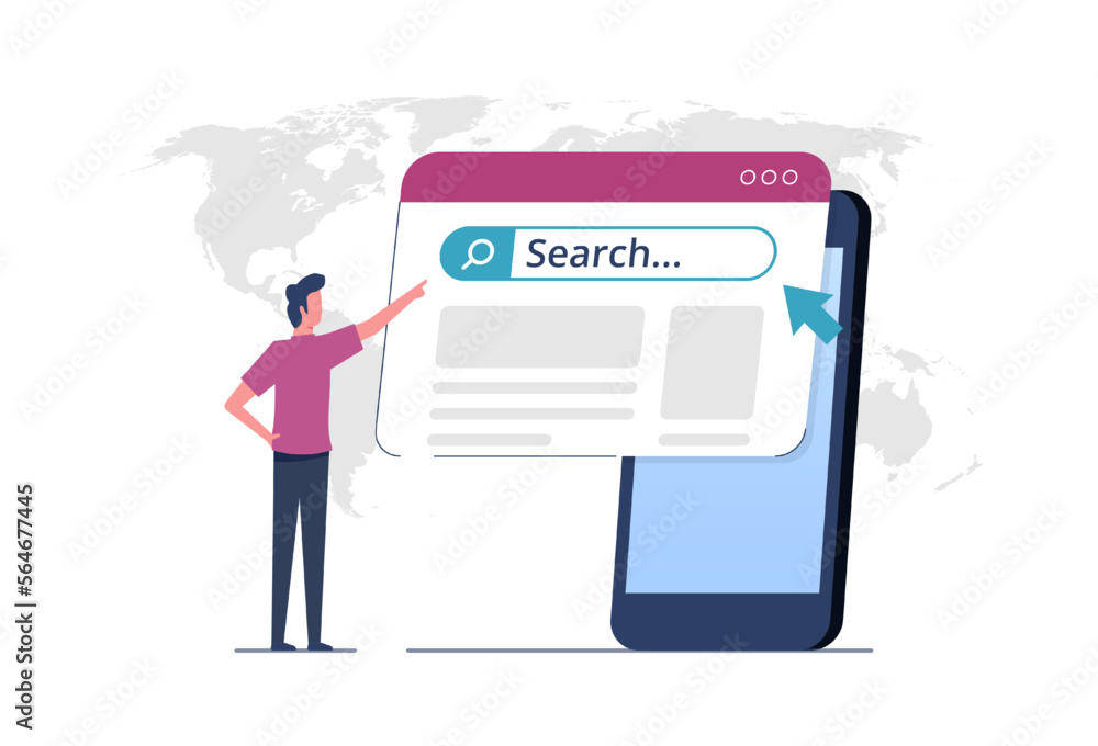 Poster searching information network concept, virtual internet search page on smartphone screen, web search