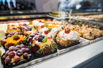 Italian counter bakery. Freshly baked pastry in a row 