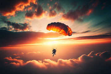 Parachuting. Paratroopers or parachutist free-falling and descending with parachutes. Action sport. Generative AI. Sky