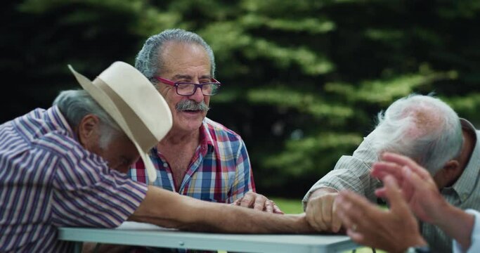 Portrait of Cheerful Senior Men Having fun and Challenging Each other in a Friendly Duel Game of Arm Wrestling. Active Playful Elderly Friends Laughing Together and Cheering in Green Park. 