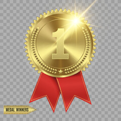 Set of gold, bronze and silver. Award medals isolated on transparent background. Vector illustration of winner concept.	