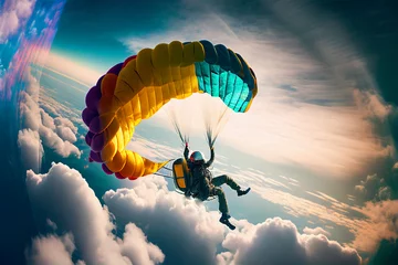 Tuinposter Parachuting. Paratroopers or parachutist free-falling and descending with parachutes. Action sport. Generative AI. Sky © Ruslan Shevchenko