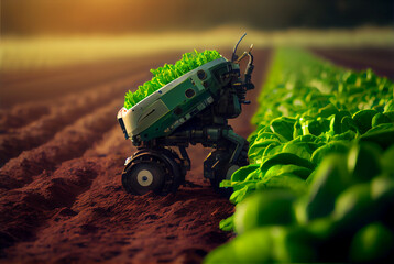 Concept art, Smart robotic autonomous farmers working in field. Generative AI