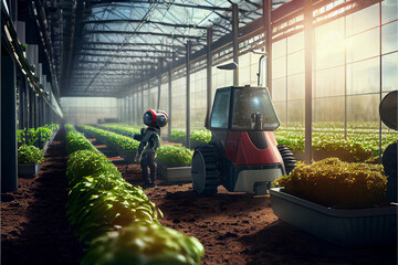 Smart robotic autonomous farmers working in farm. Generative AI