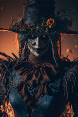 Scary Scarecrow Female in full vintage Dress  - obrazy, fototapety, plakaty