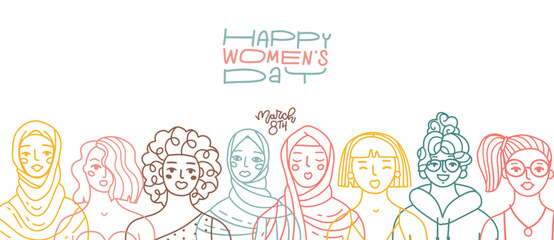 Happy Women's Day greeting card. Abstract different women portraits in linear style . Women empowerment. Horizontal Vector linear doodle hand drawn illustration with lettering greeting text.