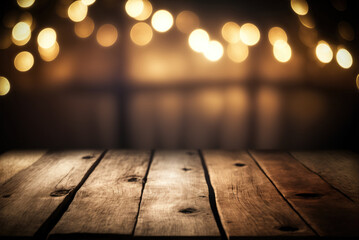 Wood table top in a bar, blurred light bokeh, cafe, restaurant background. Generative AI