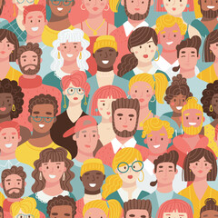 Fototapeta na wymiar Trendy seamless pattern with young men and women with different skin color. Different people concept. Diversity flat vector illustration.
