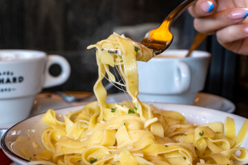 A close up look at a plate of tagliatelle pasta enjoyed by a patron at a French bistro cafe in Paris, France.