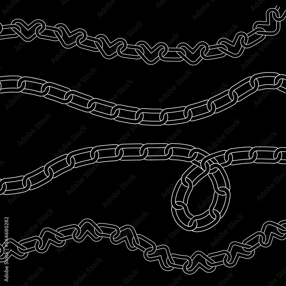 Poster set of different chains. 90s, 00s heart chain link decor elements collection . vector linear illustr