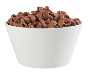 Chocolate cereals in white bowl. Chocolate flavored corn flakes. Wheat. Cocoa. Crispy. Crunchy. Breakfast. Snack. Granola. Oat. 