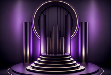 Fototapeta premium Black and purple podium, pedestal or platform for cosmetic product presentation. Generative AI