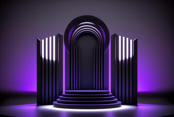 Black and purple podium, pedestal or platform for cosmetic product presentation. Generative AI