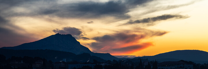 the Sainte Victoire mountain in the light of a cloudy winter morning