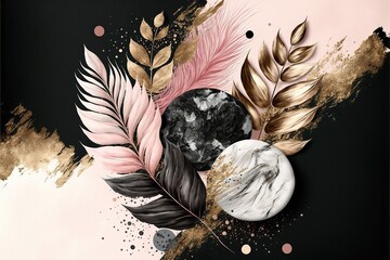 Luxury background with paint shapes, leaves and golden brushstrokes