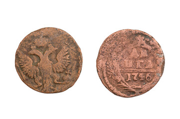 Old Russian coin - denga 1746 - obrazy, fototapety, plakaty