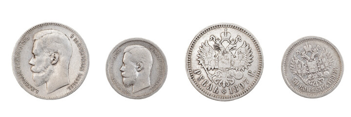 Russian old coins. Nicholas silver ruble 1897 and 50 kopecks 1896 on a white background