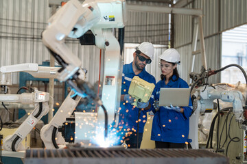 Male and female engineer using laptop working with robot arm welding machine in industrial factory....
