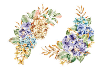 Watercolor Hydrangea bouquets hand-drawn illustration