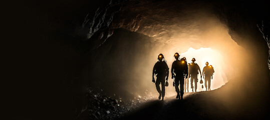 Banner mining working. Silhouette of Miners with headlamps entering underground gold mine. Generation AI - obrazy, fototapety, plakaty