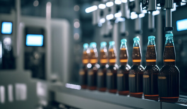 Glass bottles of beer on dark background with sun light. Concept brewery plant production line. Generation AI