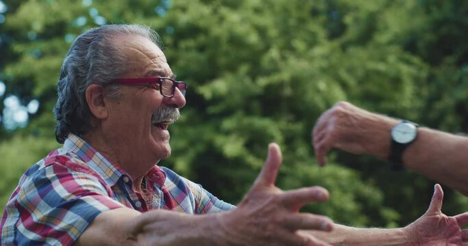 A Happy Expressive Senior Man Meeting his Longtime Friend in an Emotional Reunion at a Green Park. Two Elderly Brothers Hugging and Expressing their Excitement with Genuine Big Smiles 
