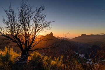 Sunset over the Bentayga rock in Tejeda, Gran Canary, Canary Islands, Spain