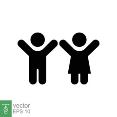 Children, boy and girl icon. Simple flat style. Happy kid, fun child, hands up, wc or toilet logo concept. Silhouette, glyph symbol. Vector illustration design isolated on white background. EPS 10.
