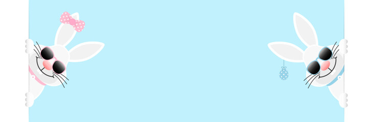 2 Weiße Osterhasen Mädchen & Junge Osterei Sonnenbrille Banner Innen Himmel