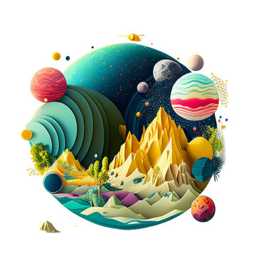 Earth View of desert, mountain and sky in cartoon style