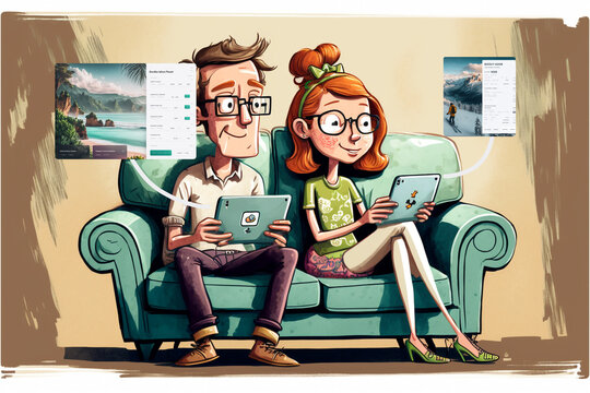 Ehepaar bucht Urlaub auf der Couch mit Tablet und Smartphone - Generative AI