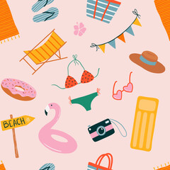 Vector seamless pattern with summer symbols- swimsuit, sunglasses, beach hat, camera,  flamingo inflatable swimming pool ring. Background for summer vacation concept.