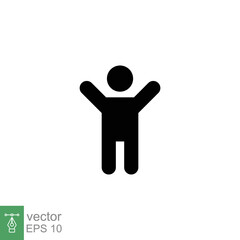 Boy hands up icon. Simple flat style. Man raised two hands, hold arm, happy figure concept. Silhouette, glyph symbol. Vector illustration design isolated on white background. EPS 10.