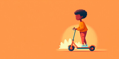 Afro boy riding electric scooter, AI generated illustration