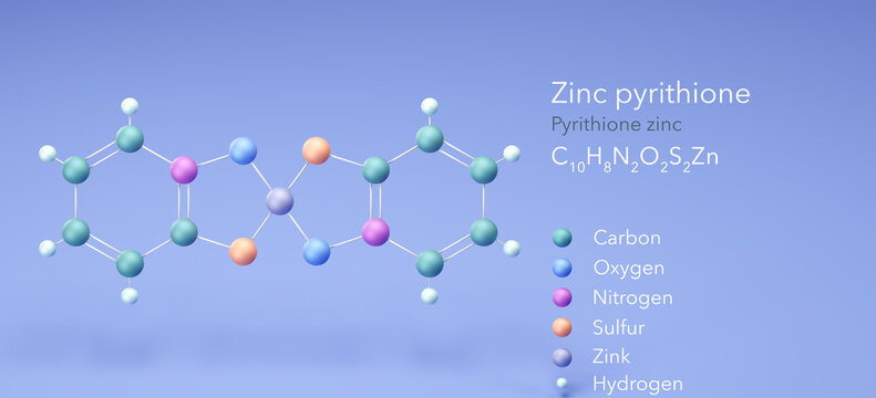 Zinc pyrithione molecule, molecular structures, C10H8N2O2S2Zn 3d model, Structural Chemical Formula and Atoms with Color Coding