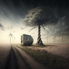 generative ai illustration representing a futuristic ecology scenario with imaginary windmills