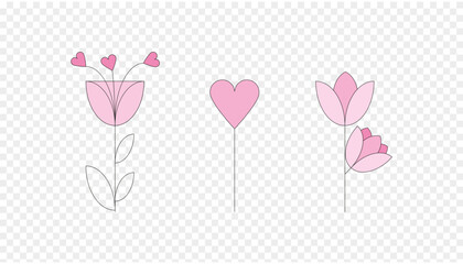 Fototapeta na wymiar Pink vector flower with heart and leaf made from line
