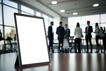 Tablet computer with blank screen on blurred office background during business meeting. Copy space. Based on Generative AI