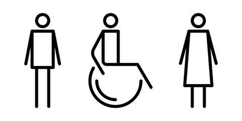 Set of WC sign.  Toilet line icon. Men, women, disabled symbol. Vector illustration, isolated on a white background. 